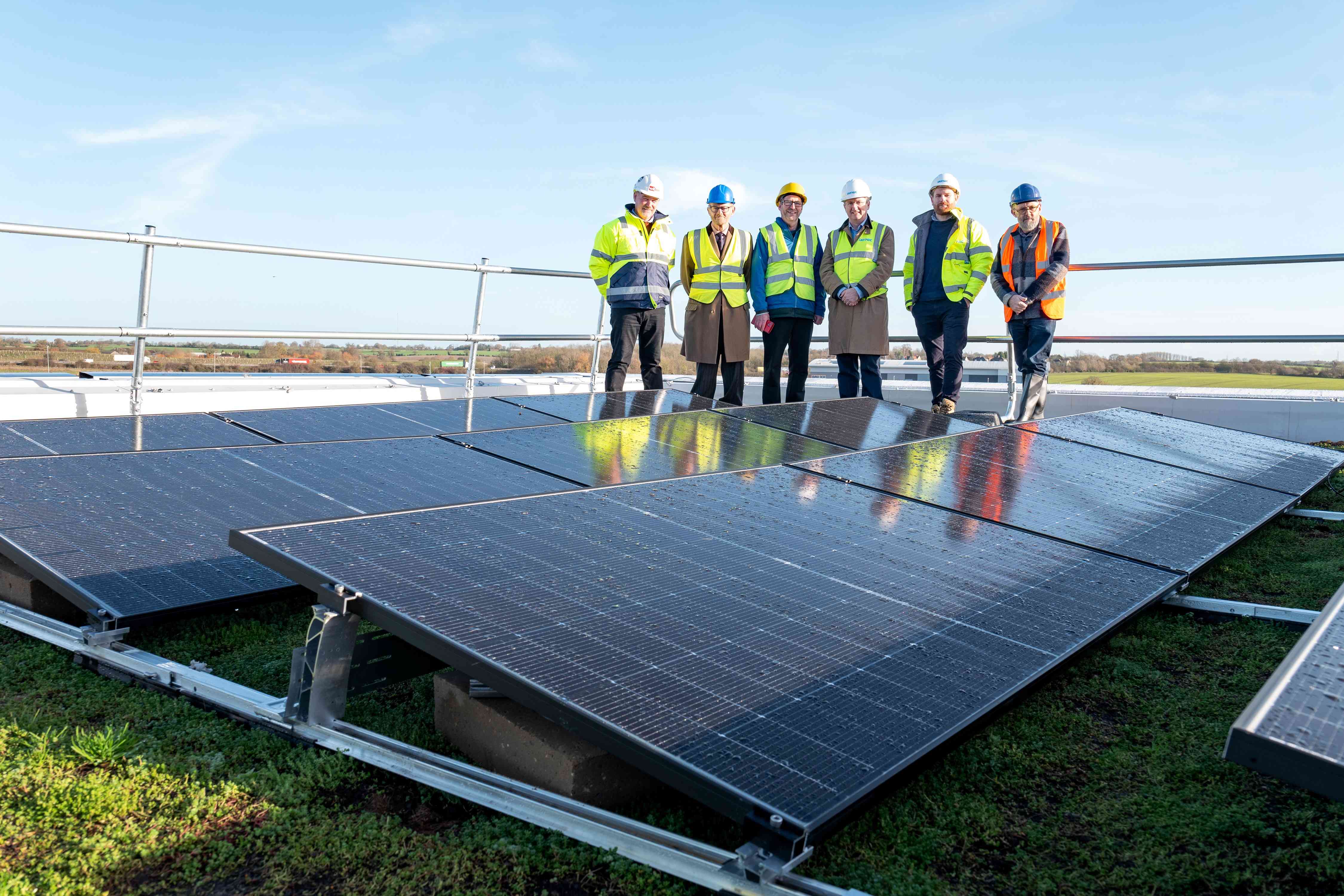 Alistair Wilson (Wilten), Sir Christopher Haworth (Gateway 14 Ltd), Cllr Richard Winch (Mid Suffolk District Council), Steve Beel (Freeport East), Joe Clarke (Jaynic) and Cllr Andrew Stringer (Mid Suffolk District Council) at the topping out ceremony