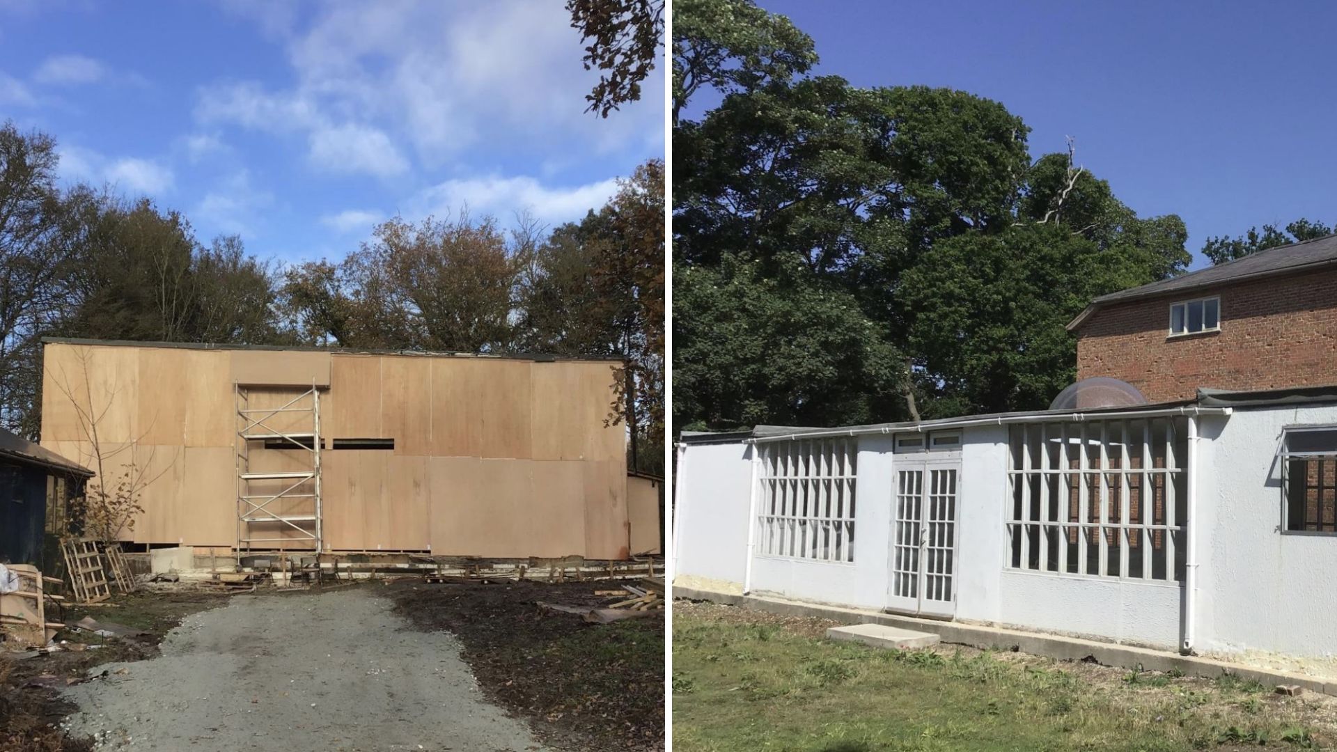 The timber-framed storage shed and portable cabin pictured in the grounds of Shrubland Hall.