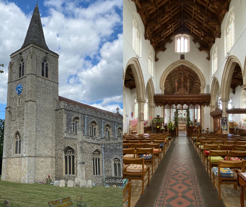 Exterior and interior of St Nicholas Church, Rattlesden.