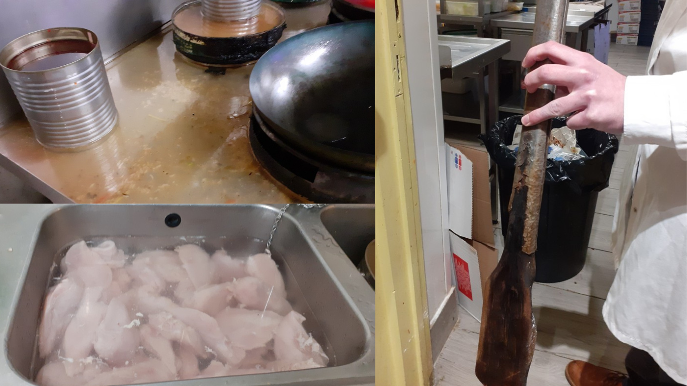 Images of hygiene breaches including stagnant water, chicken defrosting in sink and equipment in poor condition