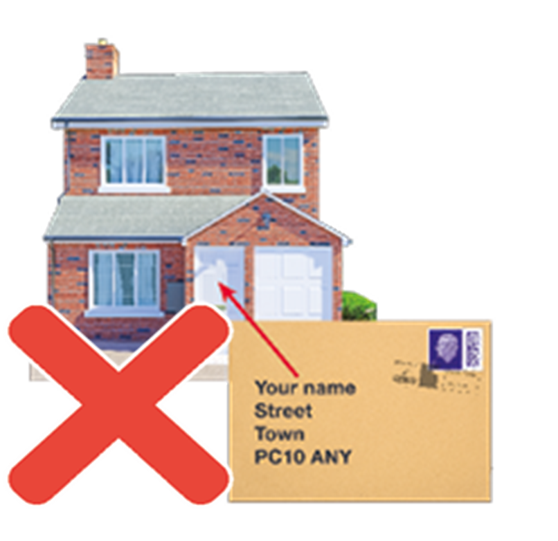 Image of a house and addressed envelope, both crossed through